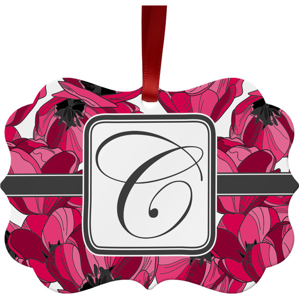 Custom Tulips Metal Frame Ornament - Double Sided w/ Initial