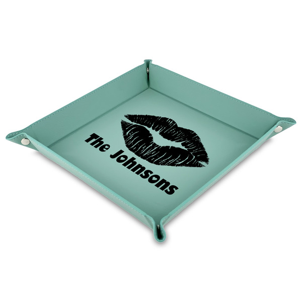 Custom Lips n Hearts Faux Leather Dice Tray - 9" x 9"  - Teal (Personalized)