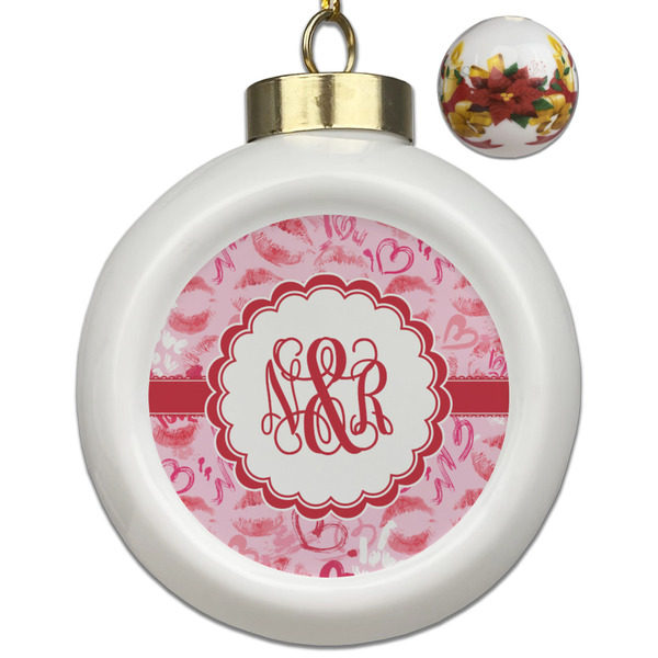 Custom Lips n Hearts Ceramic Ball Ornaments - Poinsettia Garland (Personalized)