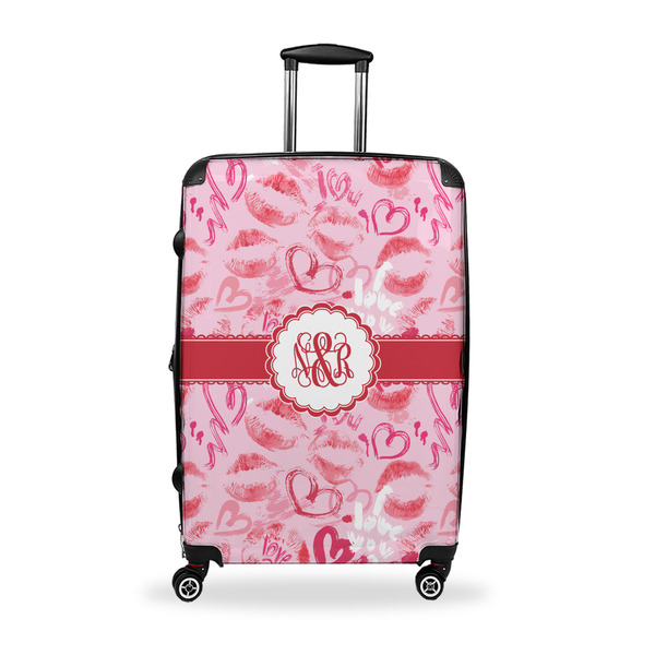 Custom Lips n Hearts Suitcase - 28" Large - Checked w/ Couple's Names