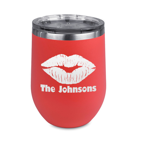 Custom Lips n Hearts Stemless Stainless Steel Wine Tumbler - Coral - Double Sided (Personalized)