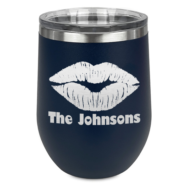 Custom Lips n Hearts Stemless Stainless Steel Wine Tumbler - Navy - Double Sided (Personalized)