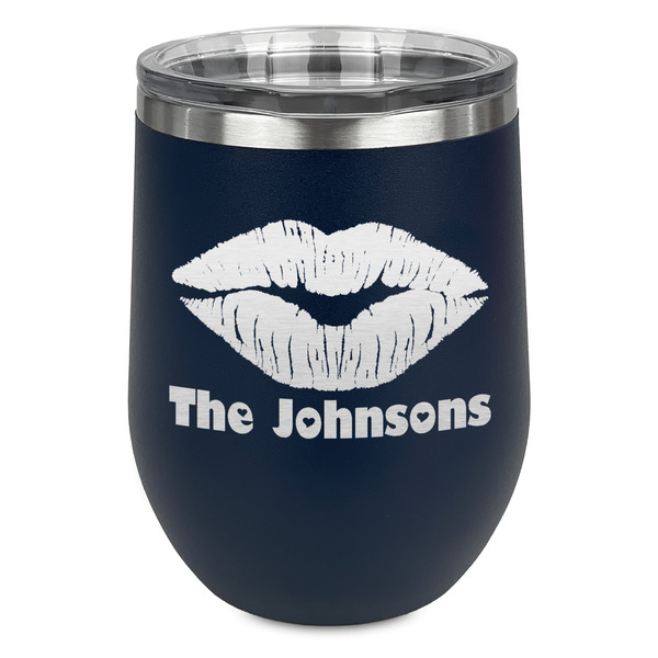 Custom Lips n Hearts Stemless Stainless Steel Wine Tumbler - Navy - Single Sided (Personalized)