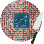 Retro Squares Round Glass Cutting Board - Small (Personalized)