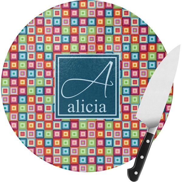 Custom Retro Squares Round Glass Cutting Board - Small (Personalized)