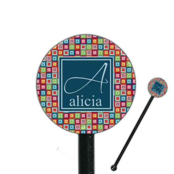 Custom Retro Squares 5.5" Round Plastic Stir Sticks - Black - Double Sided (Personalized)