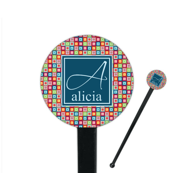 Custom Retro Squares 7" Round Plastic Stir Sticks - Black - Single Sided (Personalized)