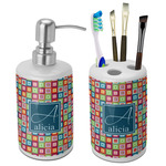 Retro Squares Ceramic Bathroom Accessories Set (Personalized)