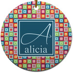 Retro Squares Round Ceramic Ornament w/ Name and Initial