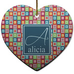 Retro Squares Heart Ceramic Ornament w/ Name and Initial