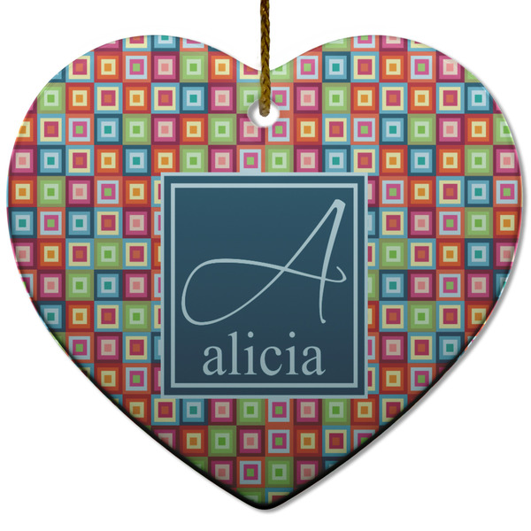 Custom Retro Squares Heart Ceramic Ornament w/ Name and Initial