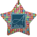 Retro Squares Star Ceramic Ornament w/ Name and Initial