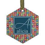 Retro Squares Flat Glass Ornament - Hexagon w/ Name and Initial