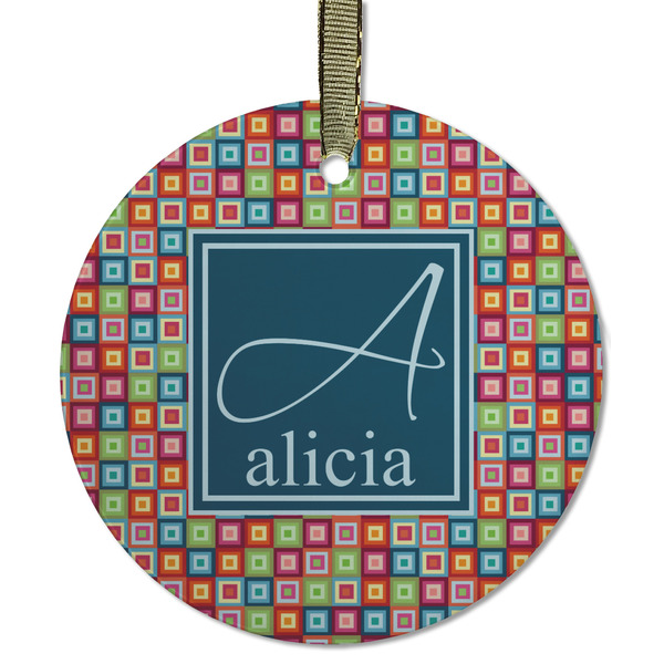 Custom Retro Squares Flat Glass Ornament - Round w/ Name and Initial