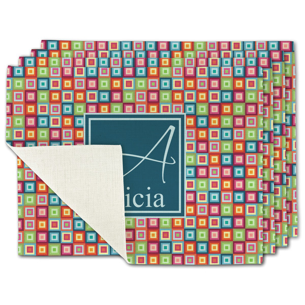 Custom Retro Squares Single-Sided Linen Placemat - Set of 4 w/ Name and Initial