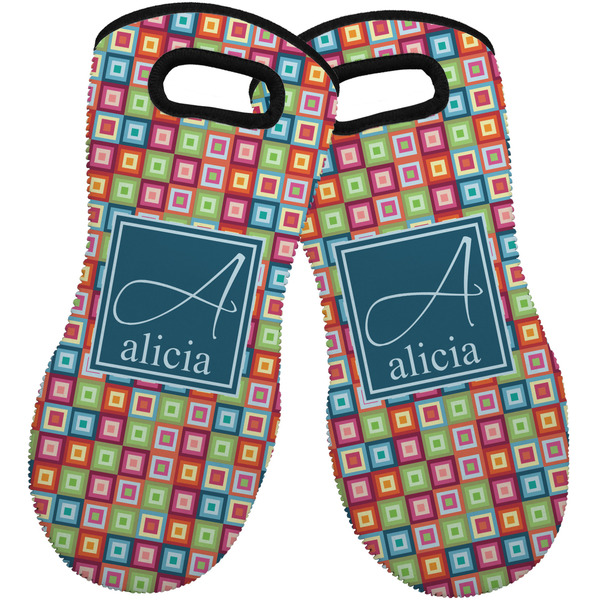 Custom Retro Squares Neoprene Oven Mitts - Set of 2 w/ Name and Initial