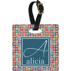 Retro Squares Plastic Luggage Tag - Square w/ Name and Initial