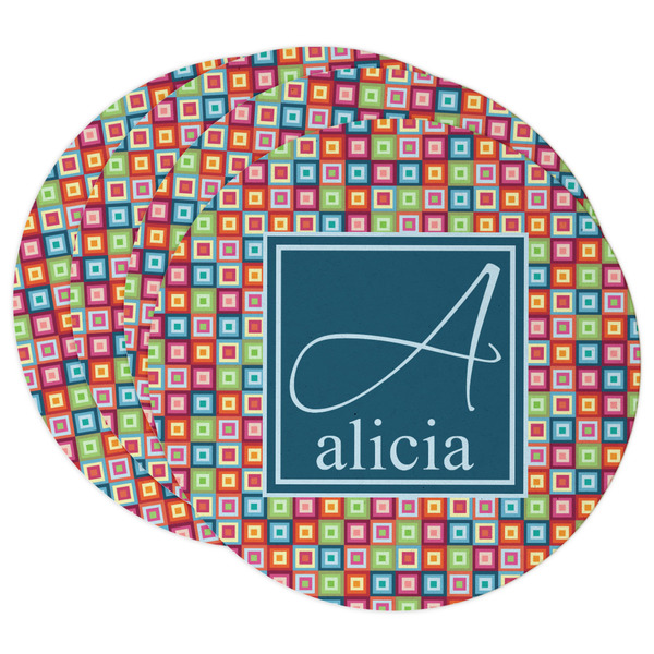 Custom Retro Squares Round Paper Coasters w/ Name and Initial