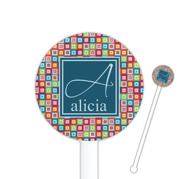 Custom Retro Squares 5.5" Round Plastic Stir Sticks - White - Double Sided (Personalized)