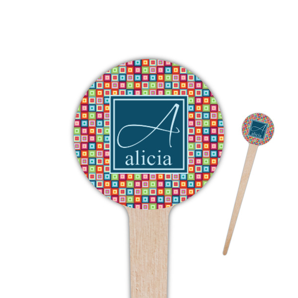 Custom Retro Squares 4" Round Wooden Food Picks - Single Sided (Personalized)