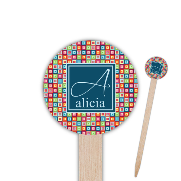 Custom Retro Squares 6" Round Wooden Food Picks - Single Sided (Personalized)