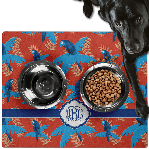 Custom Blue Parrot Dog Food Mat - Large w/ Monogram