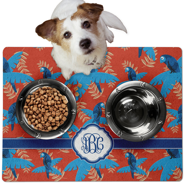 Custom Blue Parrot Dog Food Mat - Medium w/ Monogram