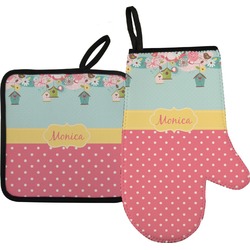 Easter Birdhouses Right Oven Mitt & Pot Holder Set w/ Name or Text