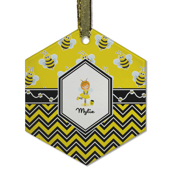 Custom Buzzing Bee Flat Glass Ornament - Hexagon w/ Name or Text