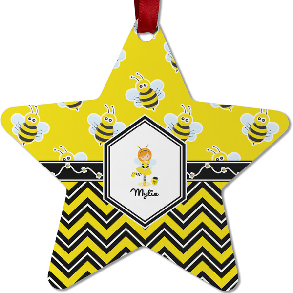 Custom Buzzing Bee Metal Star Ornament - Double Sided w/ Name or Text