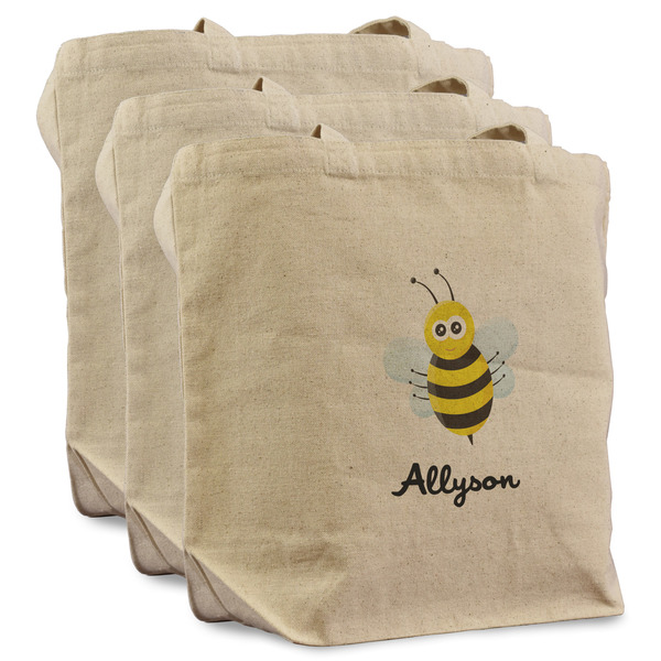 Custom Honeycomb, Bees & Polka Dots Reusable Cotton Grocery Bags - Set of 3 (Personalized)