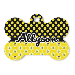 Honeycomb, Bees & Polka Dots Bone Shaped Dog ID Tag - Large (Personalized)