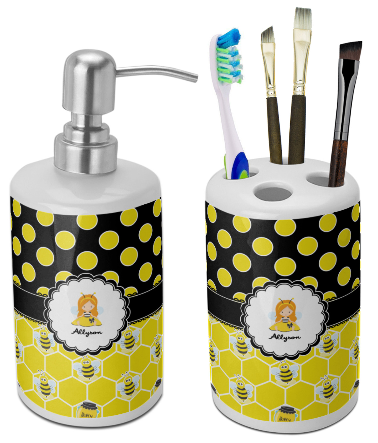 Custom Bee & Polka Dots Ceramic Bathroom Accessories Set