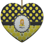 Honeycomb, Bees & Polka Dots Heart Ceramic Ornament w/ Name or Text