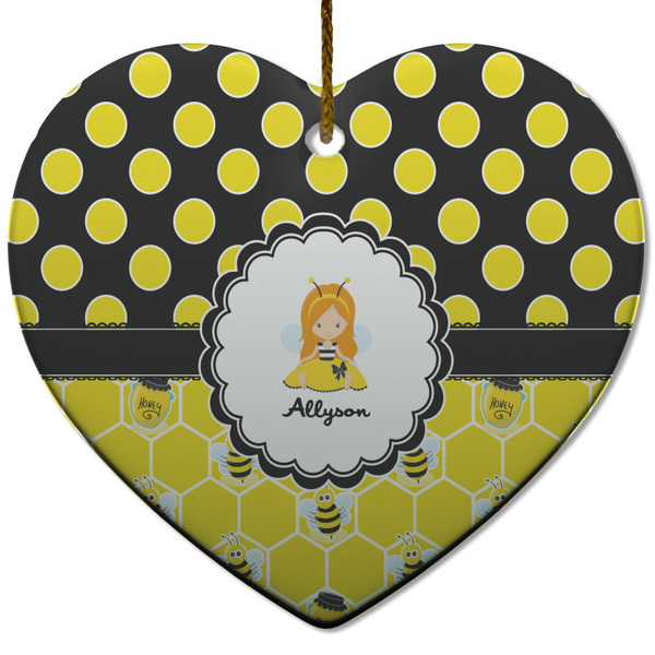 Custom Honeycomb, Bees & Polka Dots Heart Ceramic Ornament w/ Name or Text