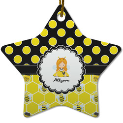 Honeycomb, Bees & Polka Dots Star Ceramic Ornament w/ Name or Text