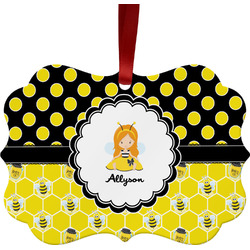 Honeycomb, Bees & Polka Dots Metal Frame Ornament - Double Sided w/ Name or Text