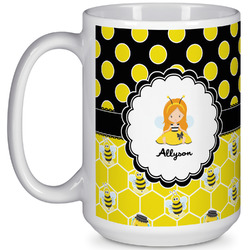 Honeycomb, Bees & Polka Dots 15 Oz Coffee Mug - White (Personalized)