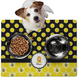 Honeycomb, Bees & Polka Dots Dog Food Mat - Medium w/ Name or Text