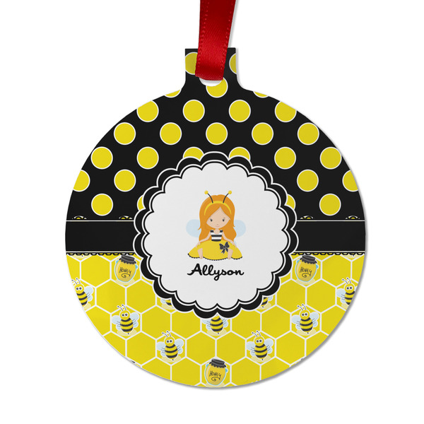 Custom Honeycomb, Bees & Polka Dots Metal Ball Ornament - Double Sided w/ Name or Text