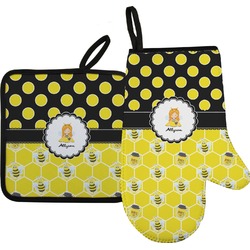 Honeycomb, Bees & Polka Dots Oven Mitt & Pot Holder Set w/ Name or Text