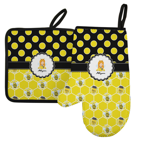 Custom Honeycomb, Bees & Polka Dots Left Oven Mitt & Pot Holder Set w/ Name or Text