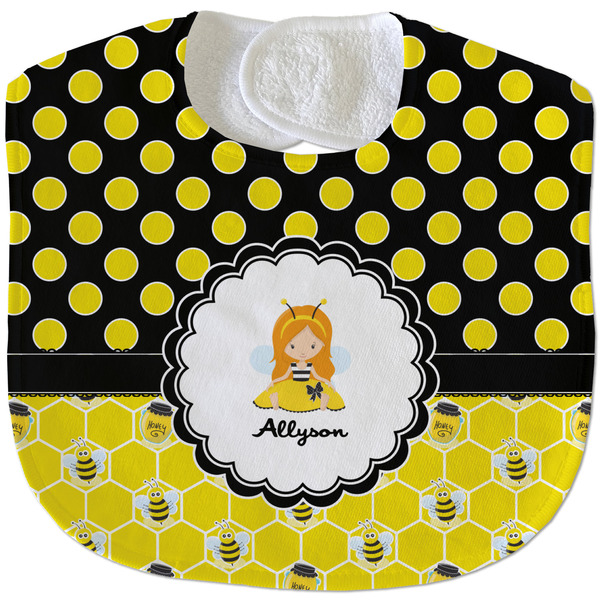 Custom Honeycomb, Bees & Polka Dots Velour Baby Bib w/ Name or Text