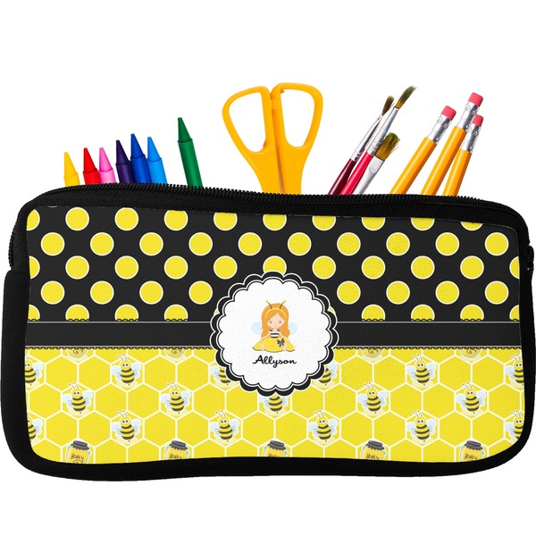 Custom Honeycomb, Bees & Polka Dots Neoprene Pencil Case - Small w/ Name or Text