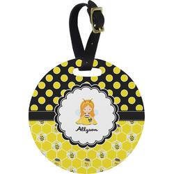 Honeycomb, Bees & Polka Dots Plastic Luggage Tag - Round (Personalized)