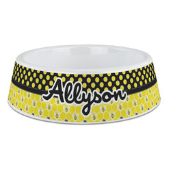 Honeycomb, Bees & Polka Dots Plastic Dog Bowl - Large (Personalized)