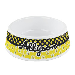 Honeycomb, Bees & Polka Dots Plastic Dog Bowl - Small (Personalized)