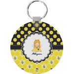 Honeycomb, Bees & Polka Dots Round Plastic Keychain (Personalized)