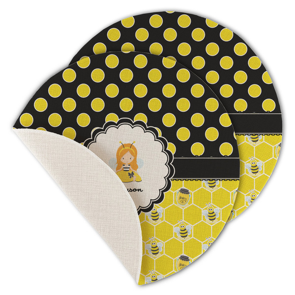 Custom Honeycomb, Bees & Polka Dots Round Linen Placemat - Single Sided - Set of 4 (Personalized)