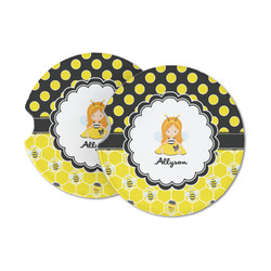 Honeycomb, Bees & Polka Dots Sandstone Car Coasters - Set of 2 (Personalized)